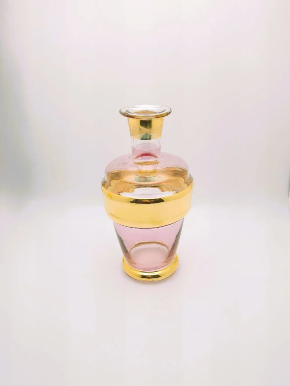 Vintage Pink Glass Gold Band Decanter Bottle MCM Hollywood Regency 8